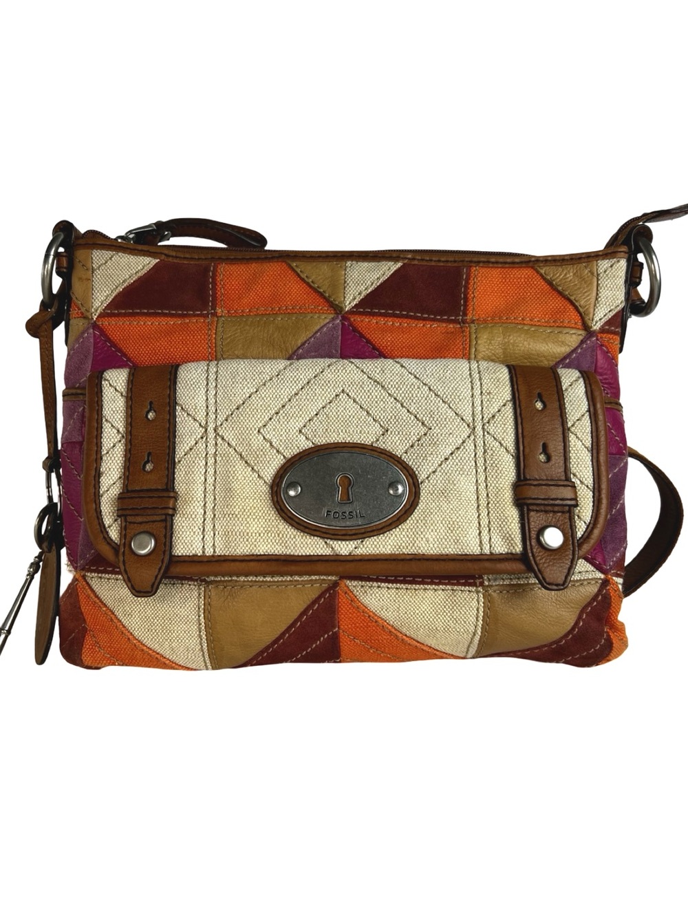 Fossil ZB4687 Patchwork Crossbody Bag Y2K Boho Leather Canvas Key Charm - Picture 3 of 12